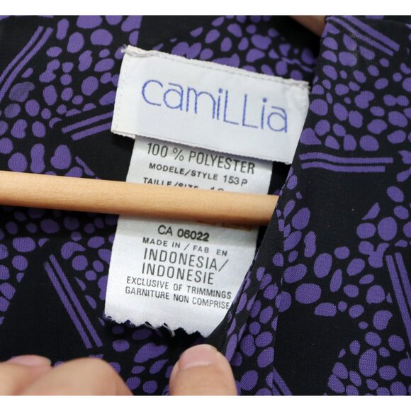 Vintage 80s Purple Triangle Print Dress, 3/4" Sleeve, Black Cinch Waist, Chiffon - Picture 7 of 8